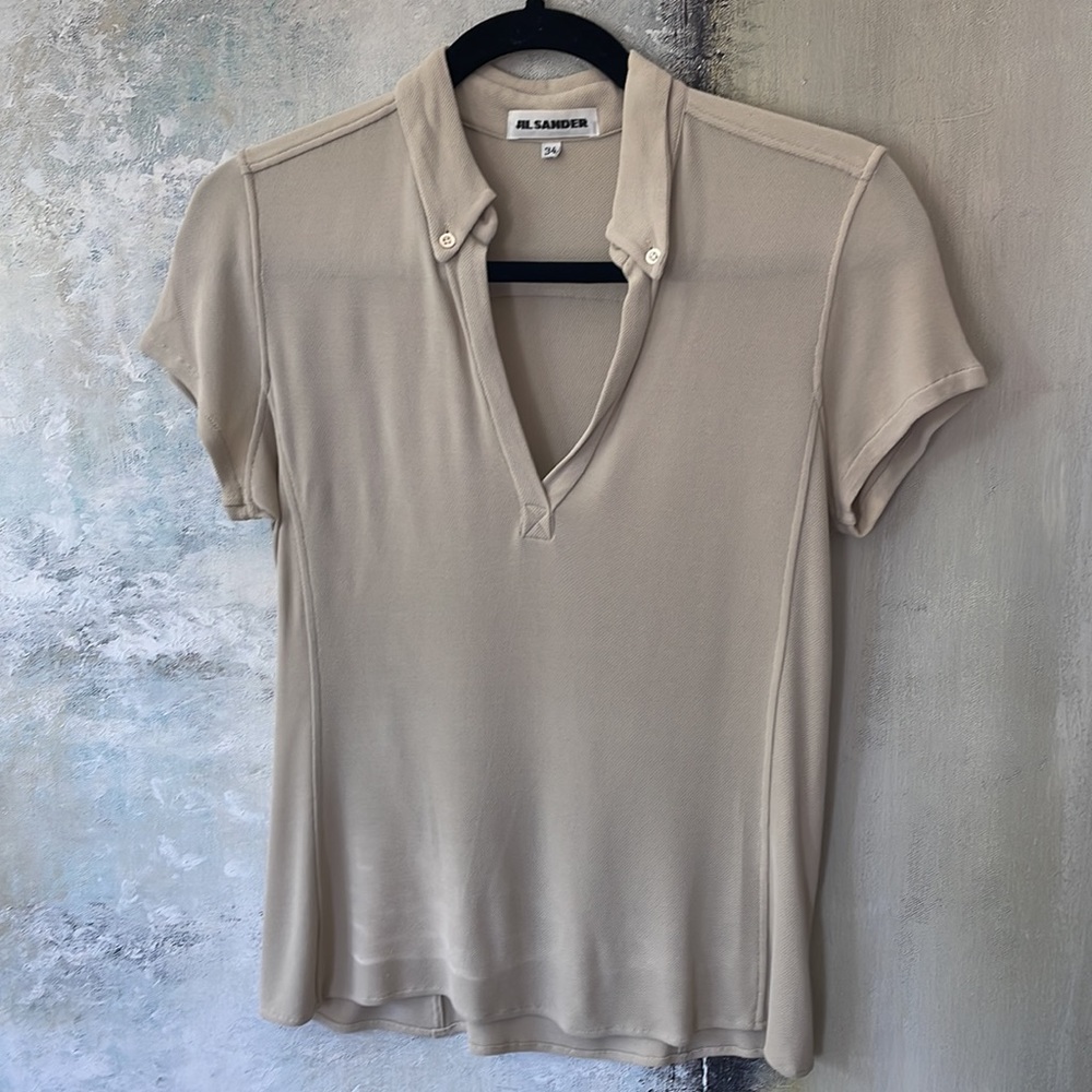 JIL SANDER Italy Tan V-Neck Short Sleeve Top